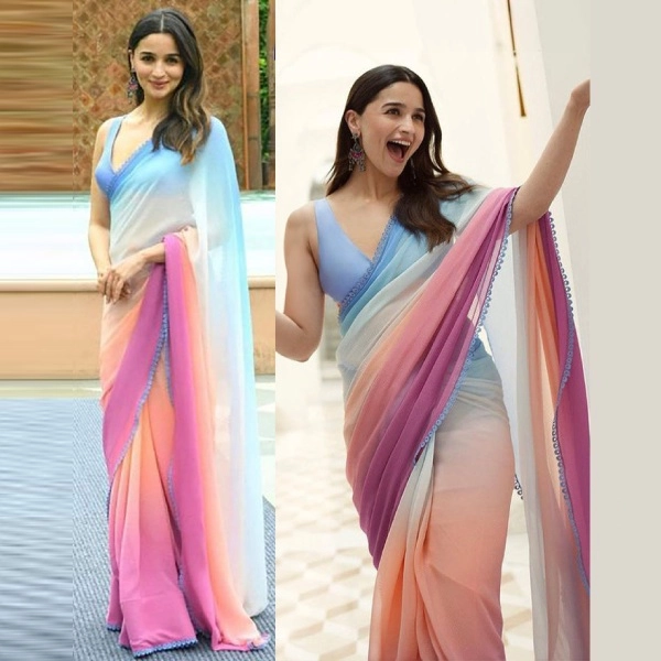 FABIAN FASHION Women's Color Block Multicolor Colour Georgette Saree with  Unstitched Blouse Piece (ALIA_RRKAHANI_Multicolor) : Amazon.in: Fashion